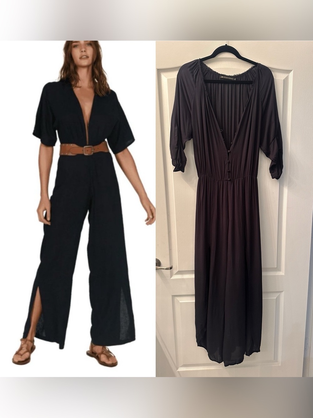 VIX black Wide-Leg Button-Front slits front Jumpsuit S